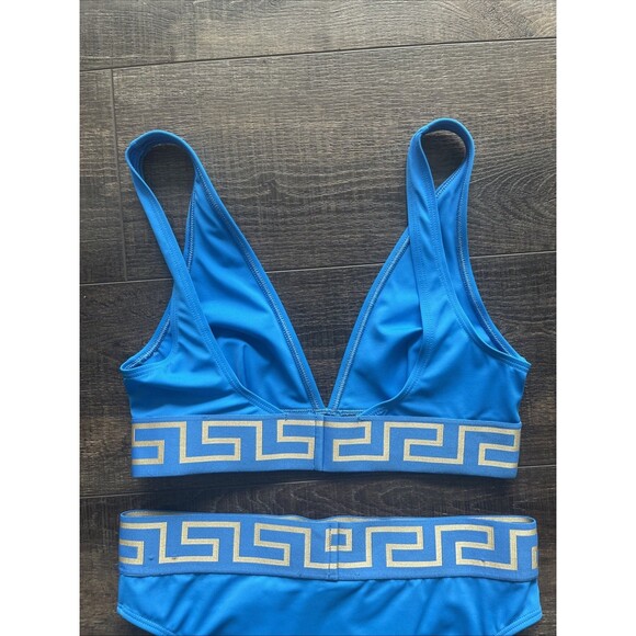Versace Mediterranean Blue Greca Border High Waist Swimsuit Bikini Set Size 2 - Picture 7 of 13